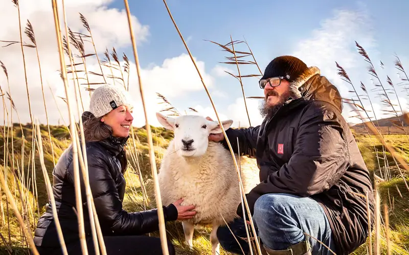 Welan Farm Tiree owners crouched in grass with sheep