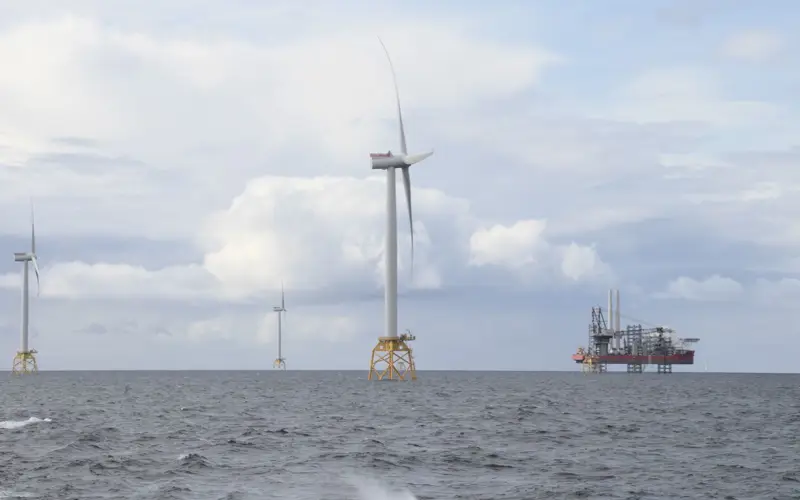Beatrice wind farm turbines and oil tanker 