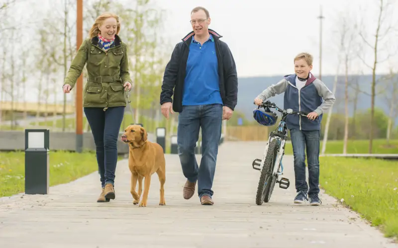 Two adults and a child walking a dog
