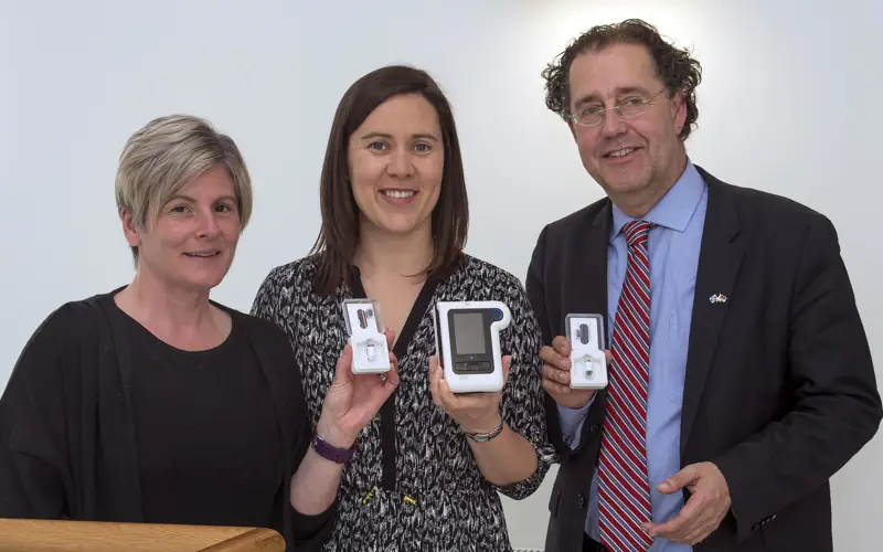 Lesley Patience and Dr Cornelius Glismann from CorporateHealth international with Anna Miller of HIE holding colon capsule camera