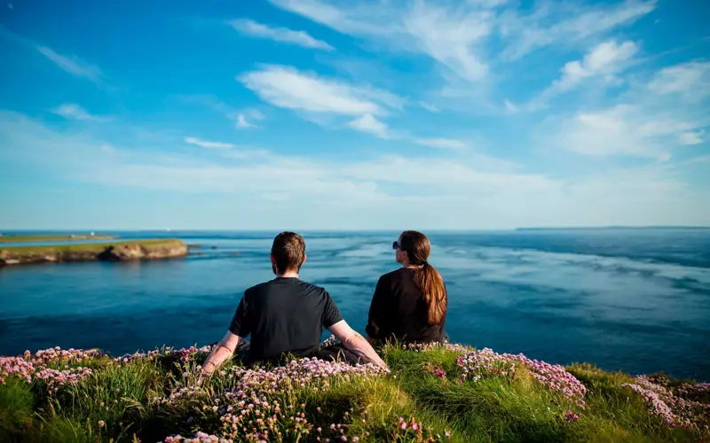 A couple sitting on top of flower covered hillside looking out to the bright blue ocean